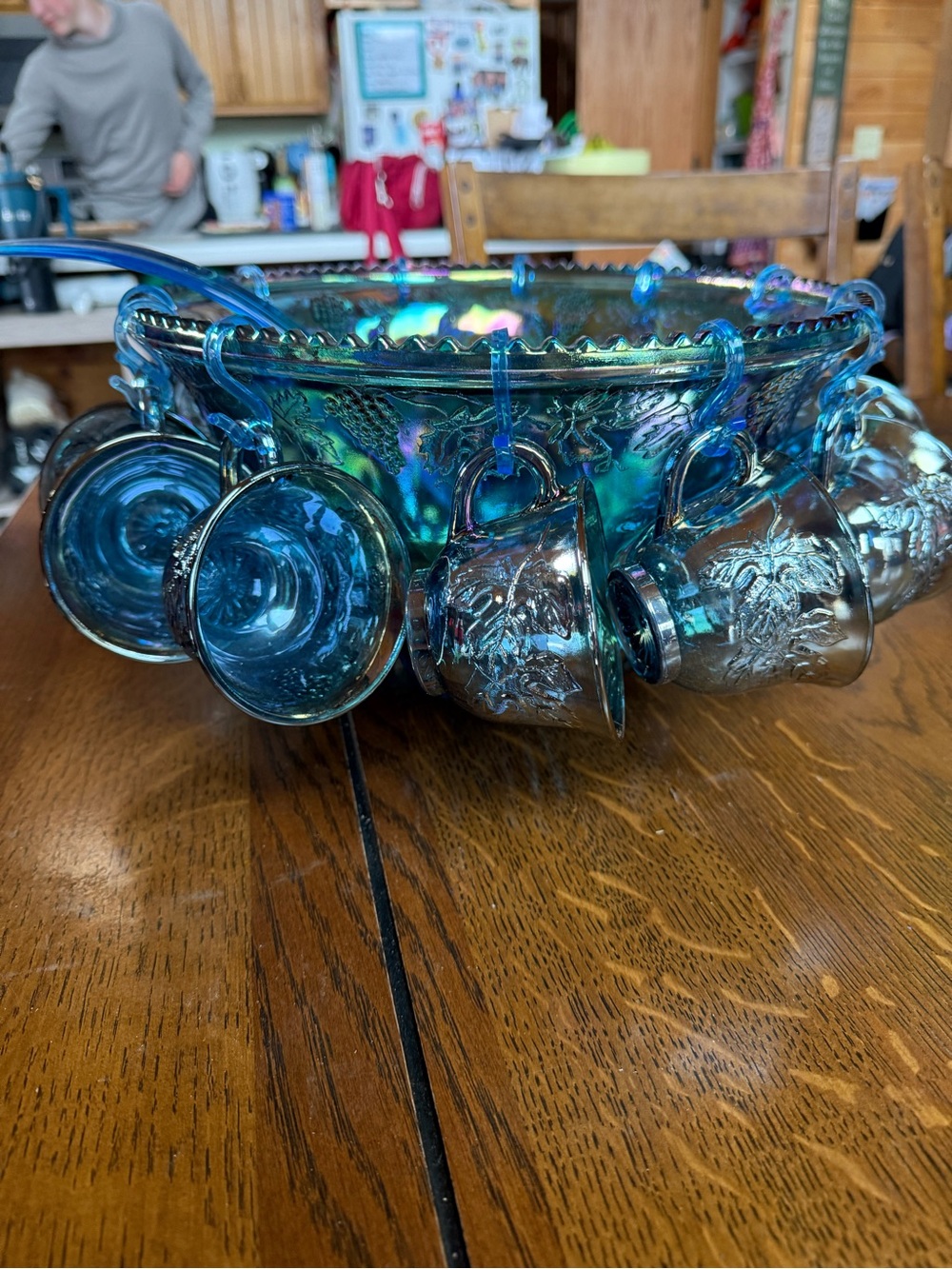 Indiana Glass Blue Carnival Glass Punch Bowl Set with Cups